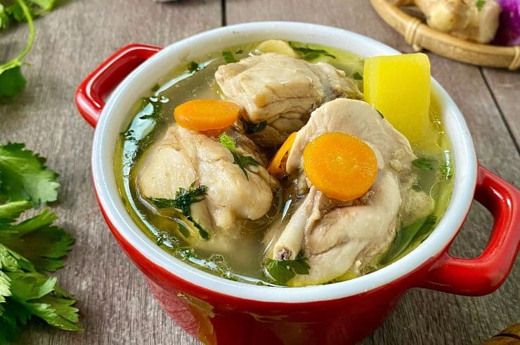 chicken bone broth with celery, carrot and onions