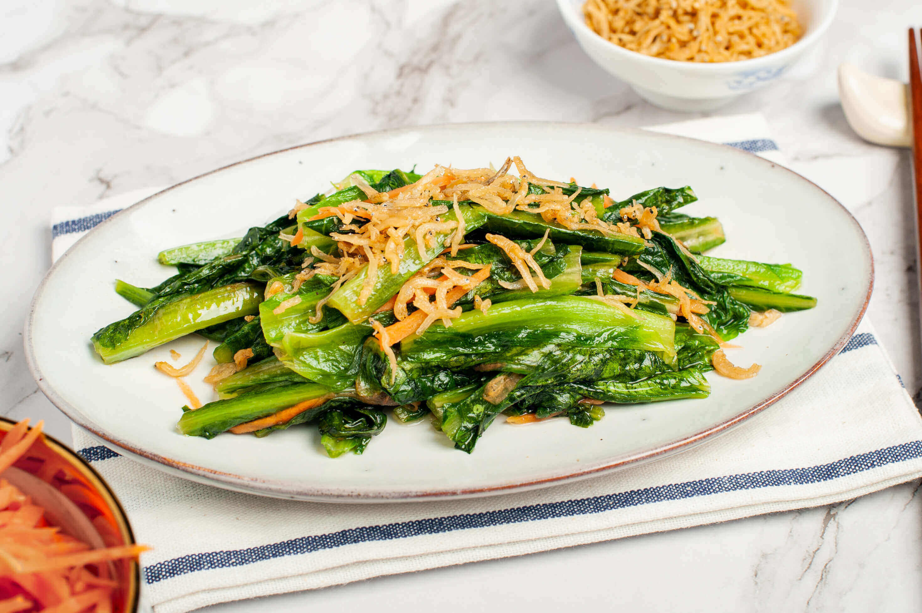 Stir-fried choy sum with silverfish