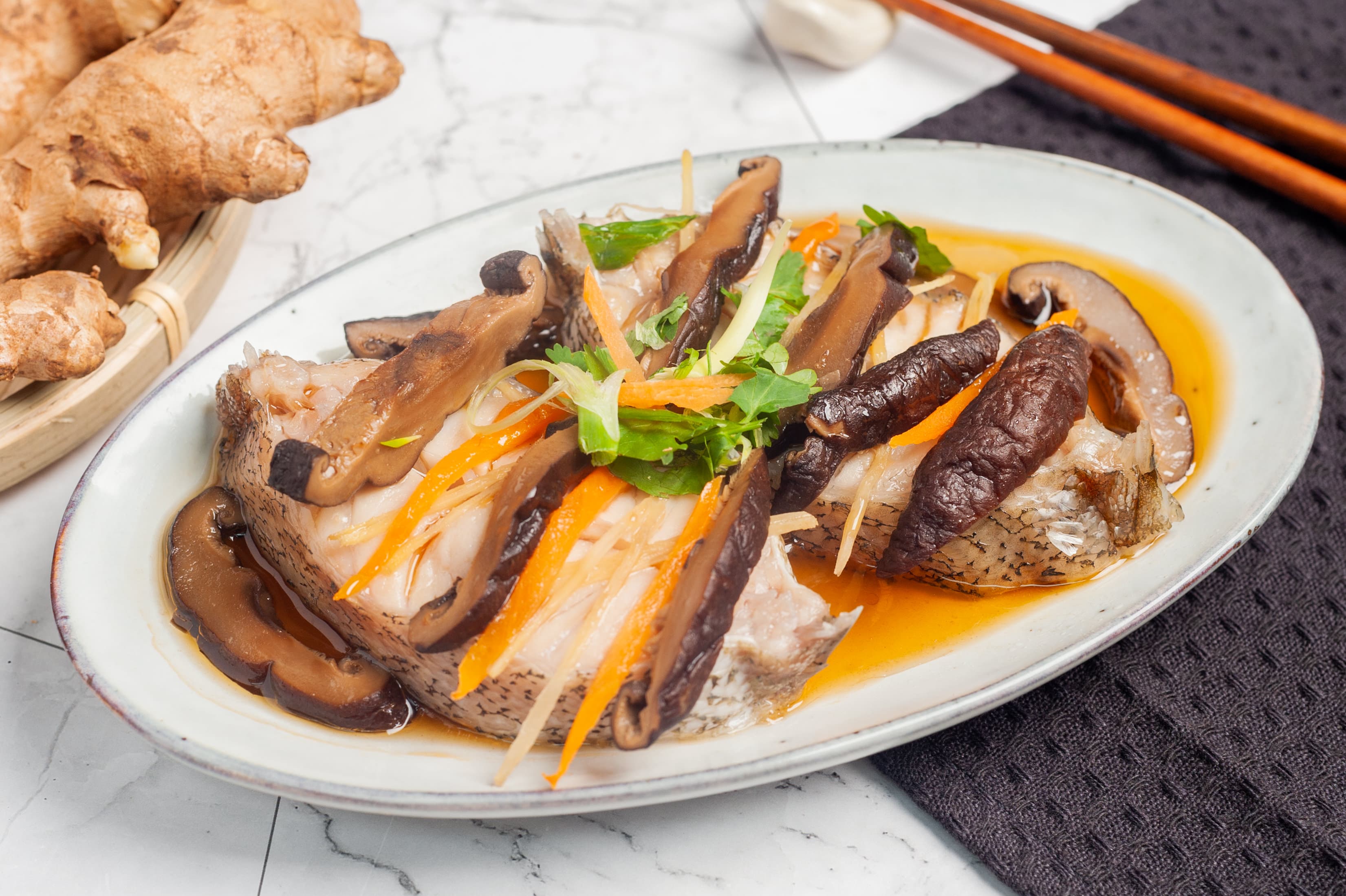 Steam Snapper with Mushroom Ginger Sauce