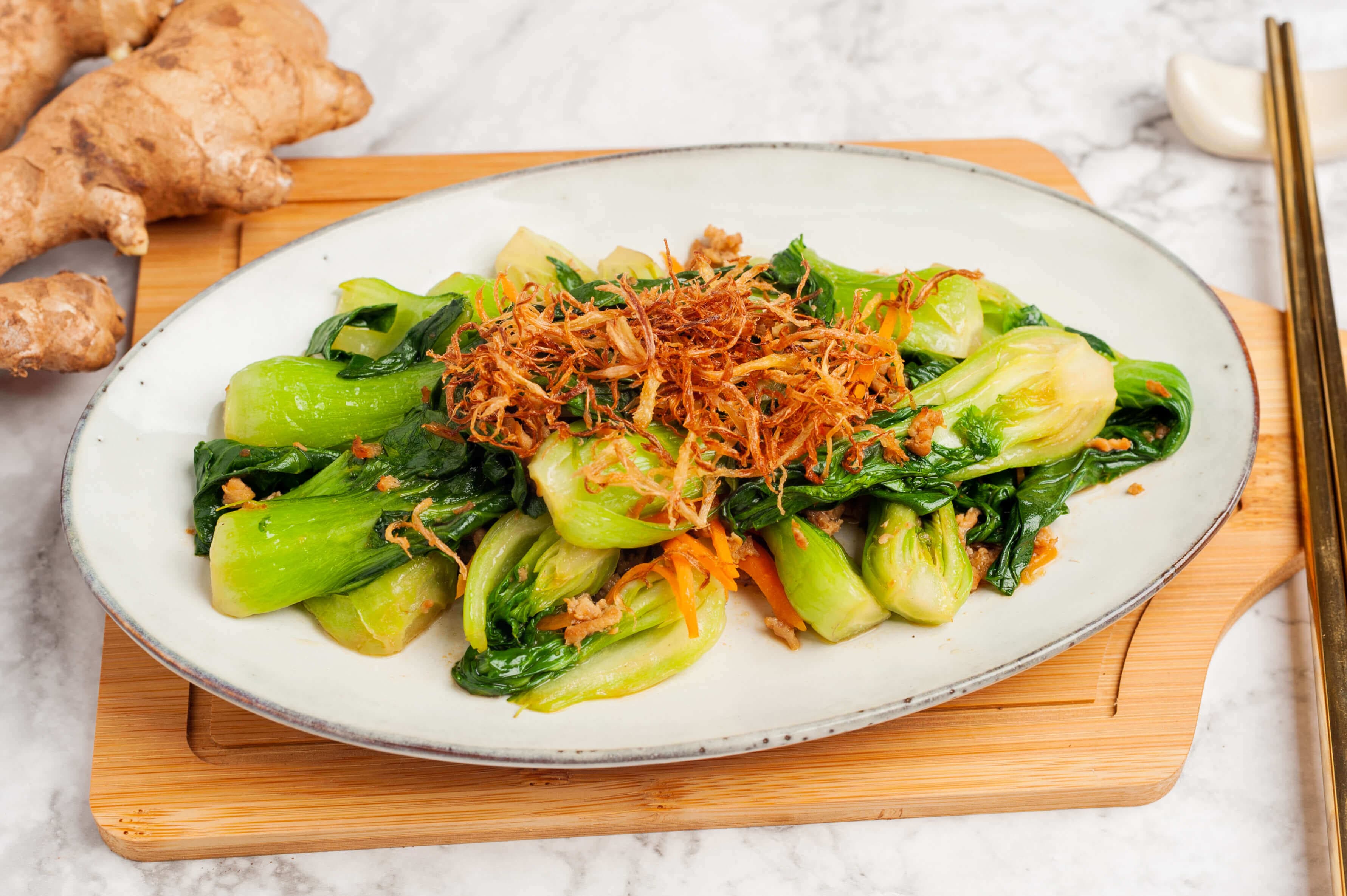 Blanched Bok Choy with Crispy Ginger Shreds