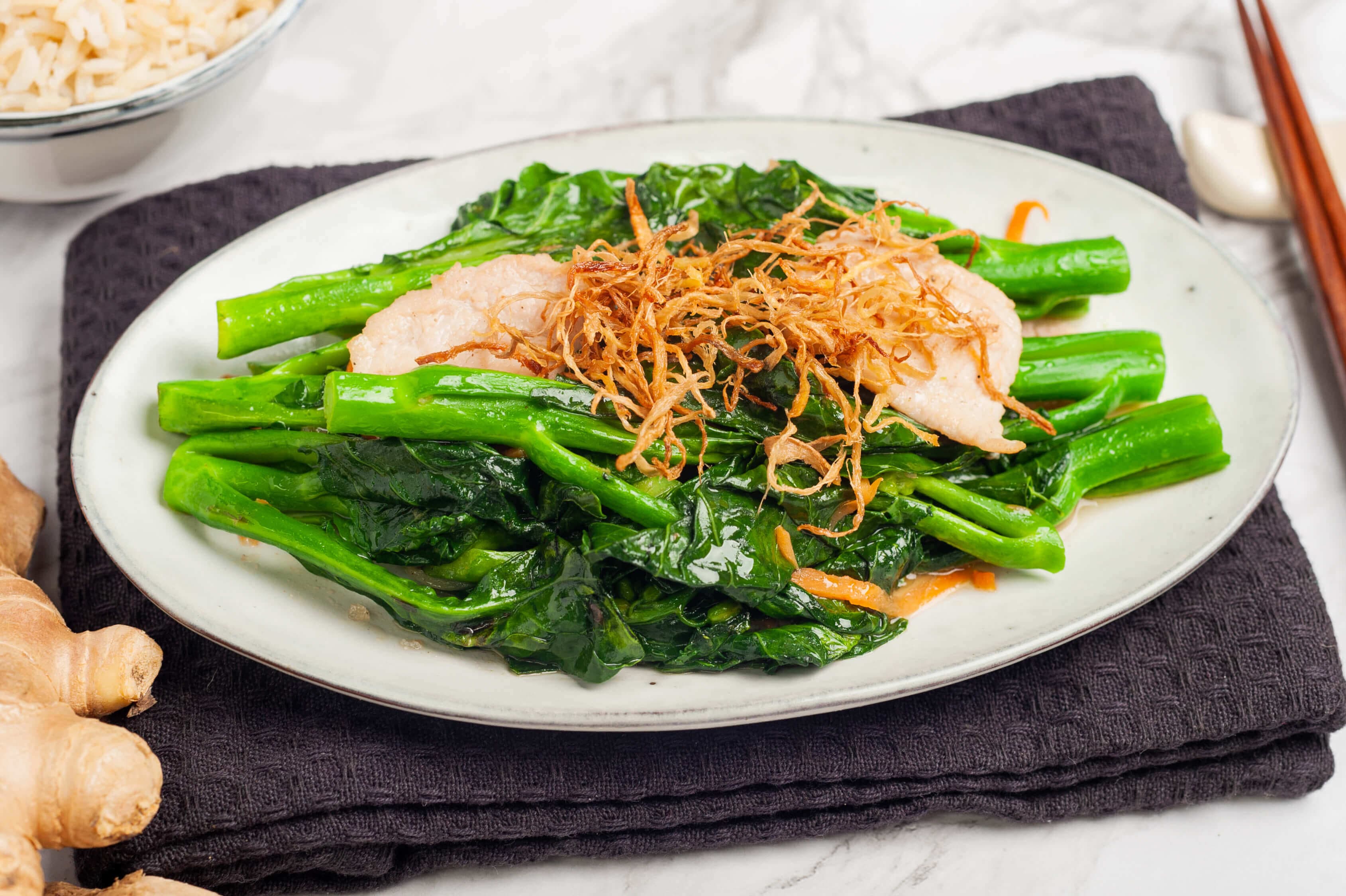 Blanched Kailan with Sliced Chicken and Crispy Shallots