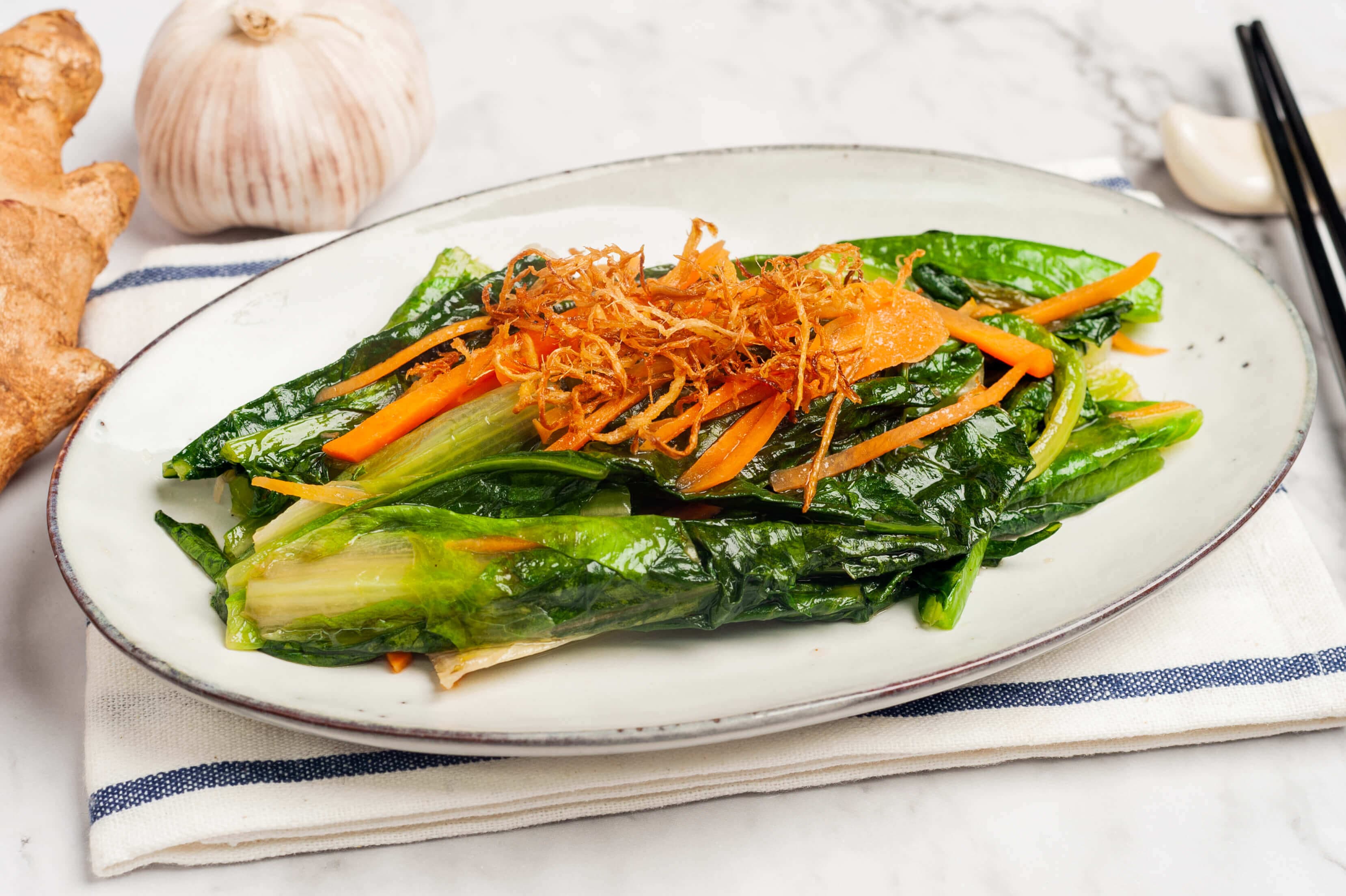 Blanched Yau Mak Choy with Crispy Fried Shallots