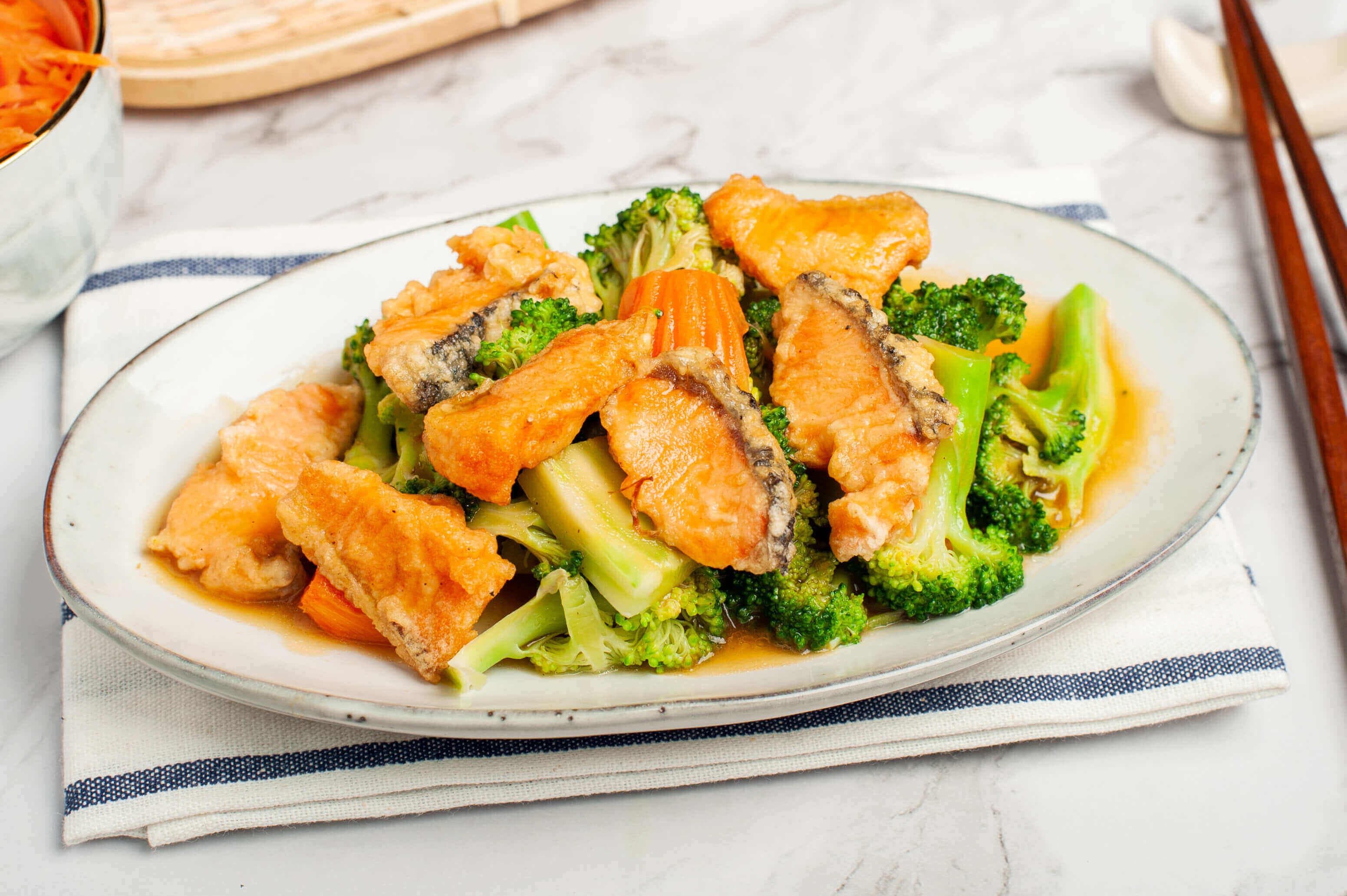 Broccoli with salmon belly
